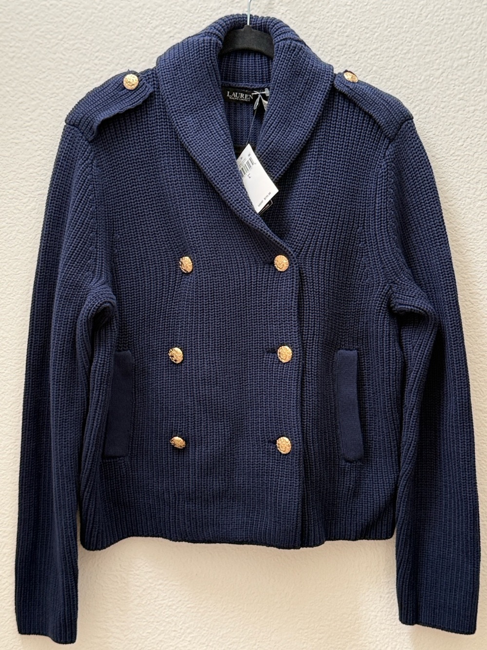 🆕✨Lauren Ralph Lauren Women’s Double Breasted Chunky Knit Navy Pockets Cardigan